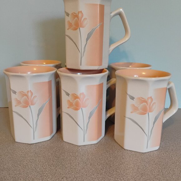 Urban Outfitters Very Rare Peachy Floral Coffee Mugs, Set of 7 - Picture 1 of 4